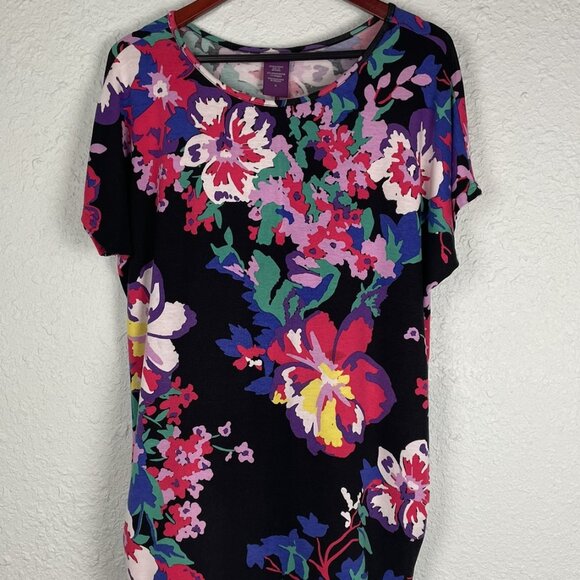 BEVERLY DRIVE SHORT SLEEVE PULLOVER TUNIC TOP Black Pink Red Floral PRINT 1X - Picture 1 of 16